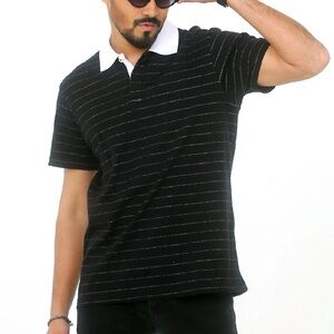 Black and White Polo Shirt with Subtle Stripes and Modern Fit
